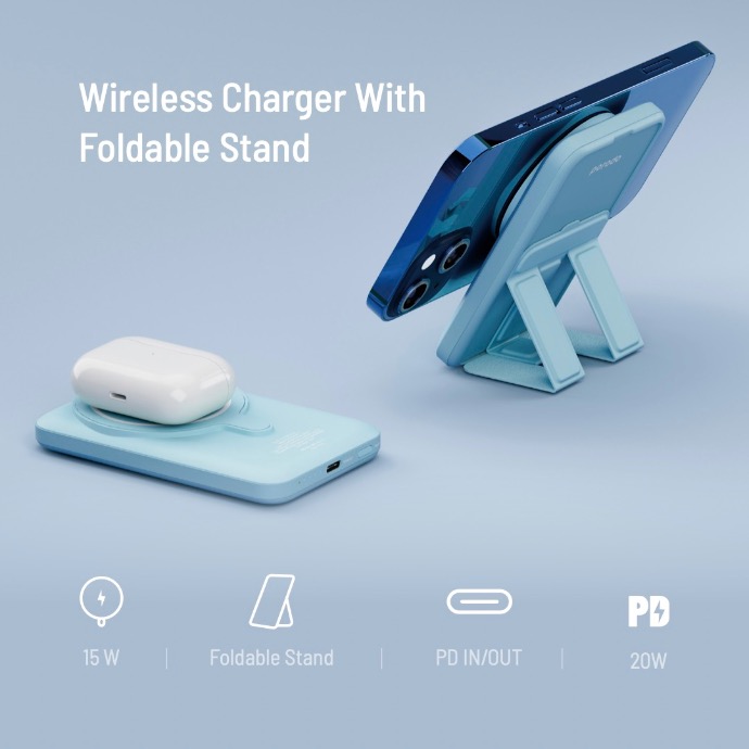 MagSafe Powerbank alt="Powerbank attached to smartphone through magsafe and using kickstand"